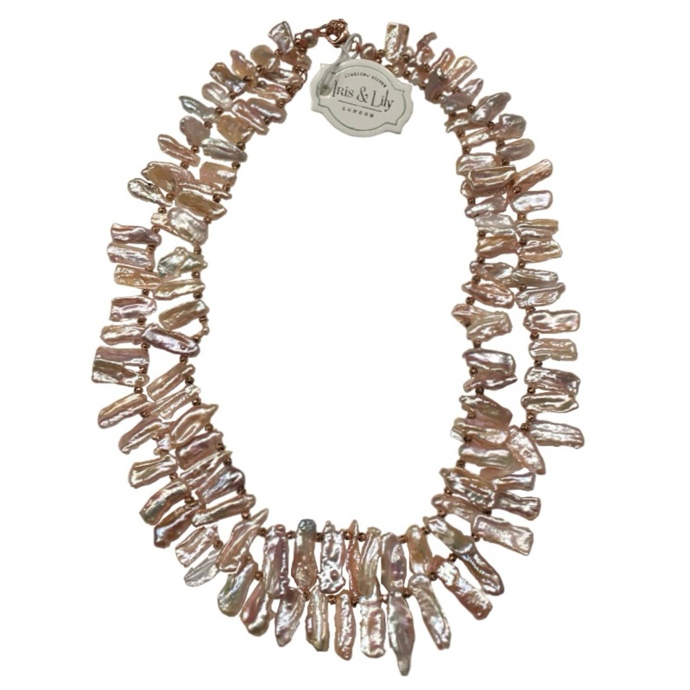 Double Strand Freshwater Stick Pearl Necklace Peach/Pink 14K Rose Gold Clasp NWT - Picture 2 of 11